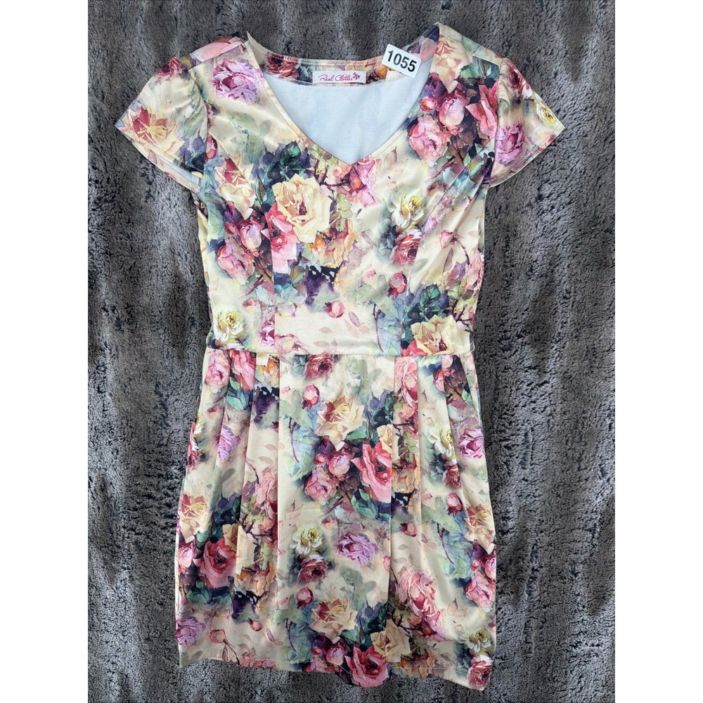 Real Clothes Vtg Rose Floral Wiggle Dress Cap Sleeve Lined Side Zip Yellow Pink